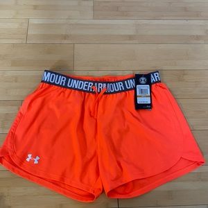 NTW Women’s bright orange under amour shorts grey and white band